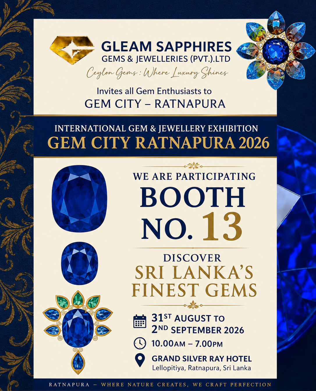 Gleam Sapphires participating at Gem City Ratnapura 2026, Booth No. 13
